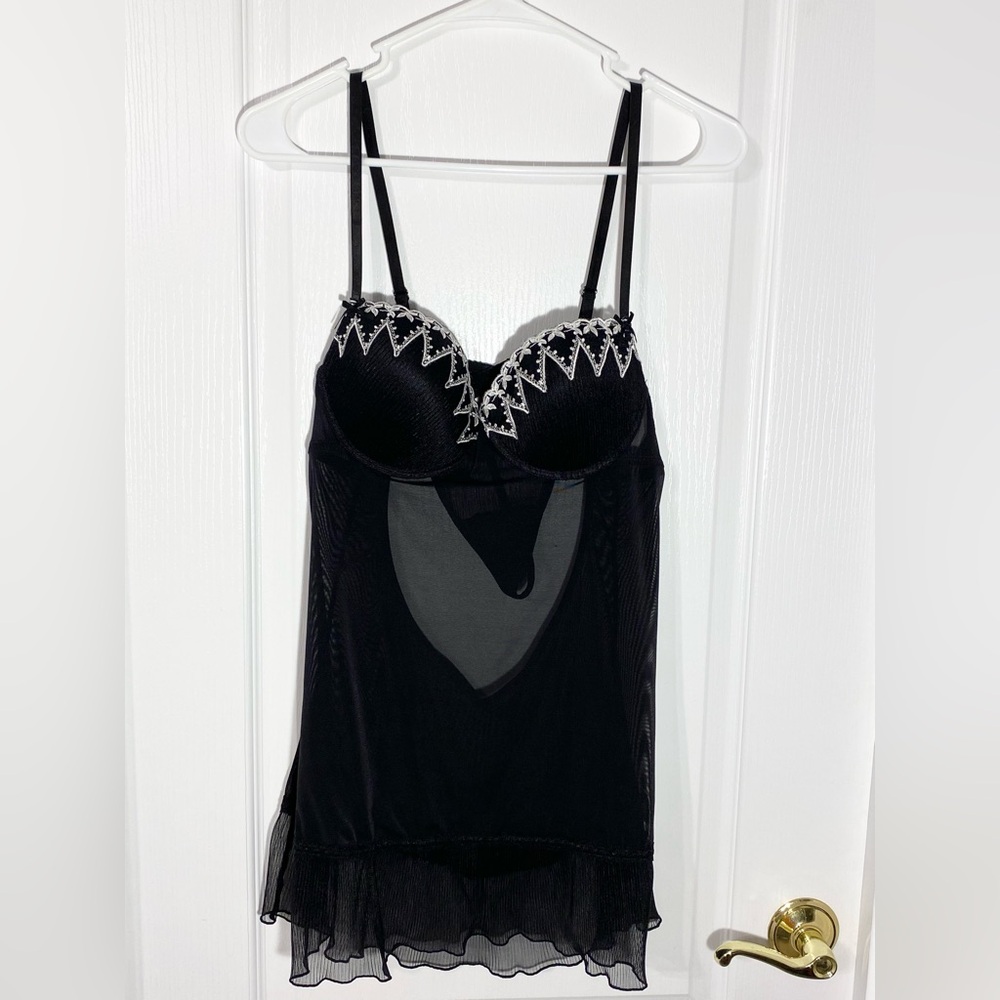 NEW Y2K 2 Pc Madison Embroidered Sheer Black Babydoll & G-String Panty Set Large